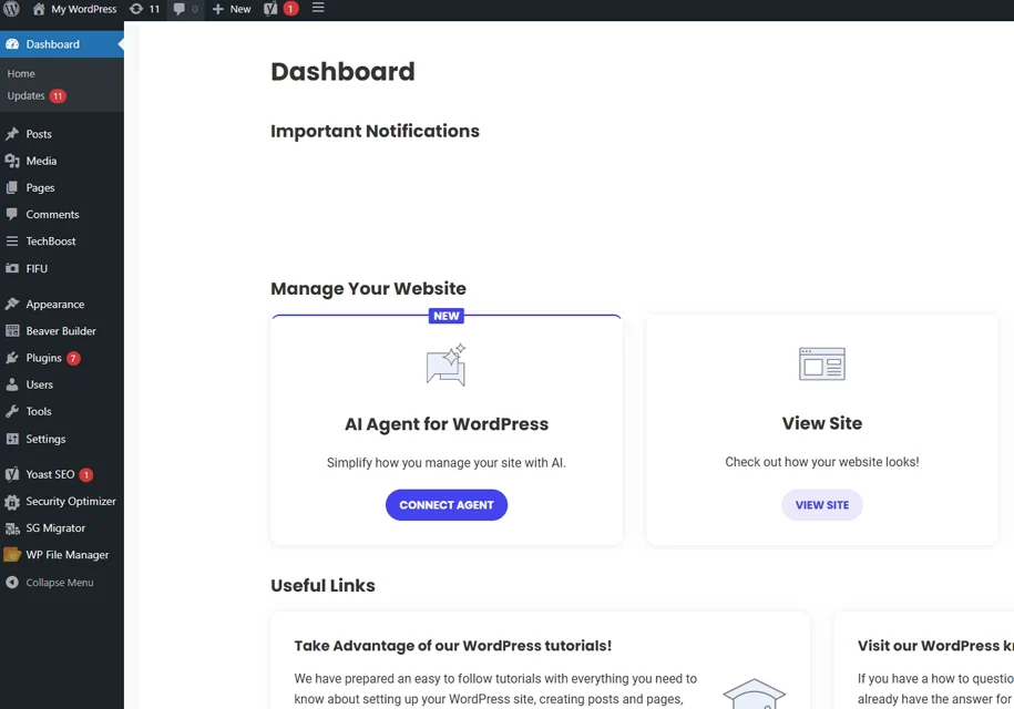 Backend WordPress Screenshot of the WordPress Dashboard