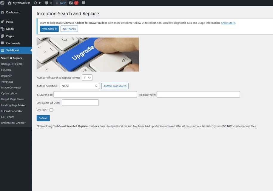 TechBoost Plugin Screenshot From The Backend Part Of The Website